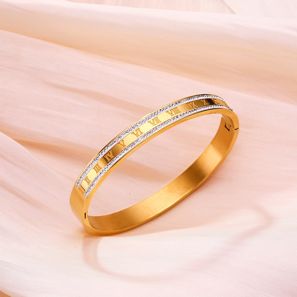 Bangle with roman figure letters and zircon stones