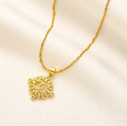 N-Chanel36 Stainless steel, Waterproof, Necklace, cc embossed with zirconstones on pendant