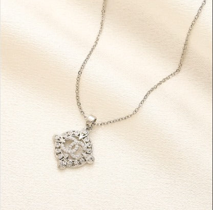 N-Chanel36 Stainless steel, Waterproof, Necklace, cc embossed with zirconstones on pendant