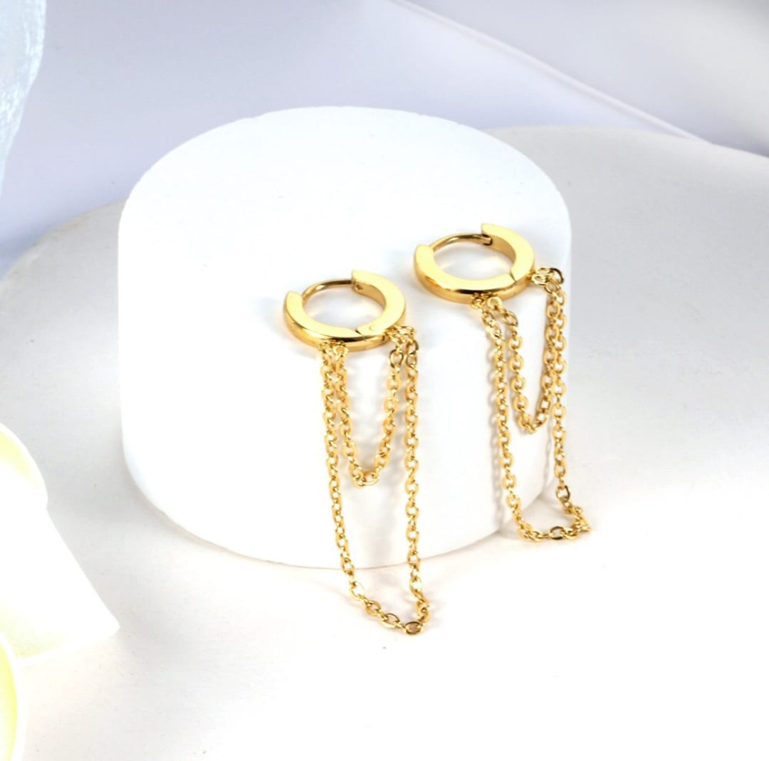 Drop/dangle earrings with two chains. Waterproof earrings, hypoallergenic, Non-Tarnish Jewelry, Minimalist.