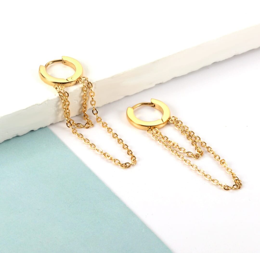 Drop/dangle earrings with two chains. Waterproof earrings, hypoallergenic, Non-Tarnish Jewelry, Minimalist.