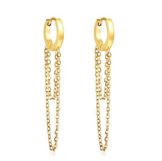 Drop/dangle earrings with two chains. Waterproof earrings, hypoallergenic, Non-Tarnish Jewelry, Minimalist.