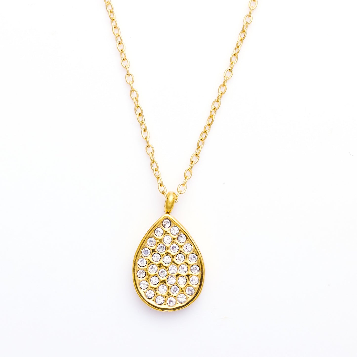 Necklace with oval shape pendant with stones.