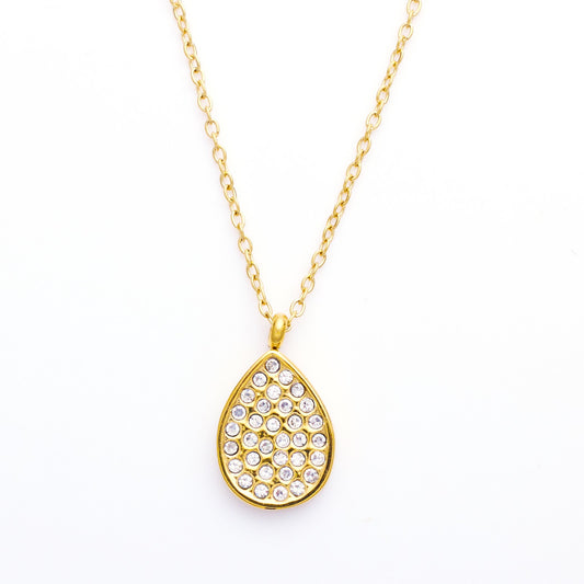 Necklace with oval shape pendant with stones.