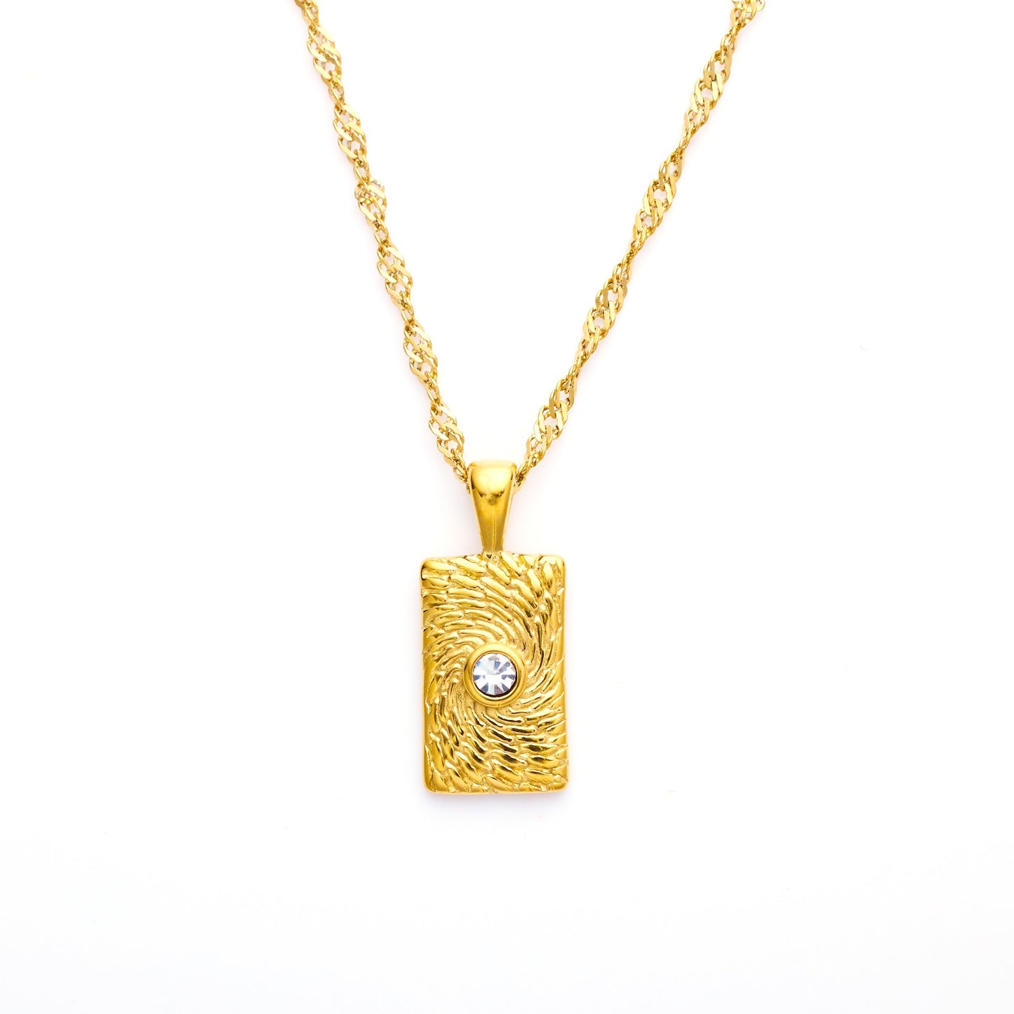 Necklace with rectangular pendant and a stone at the middle.