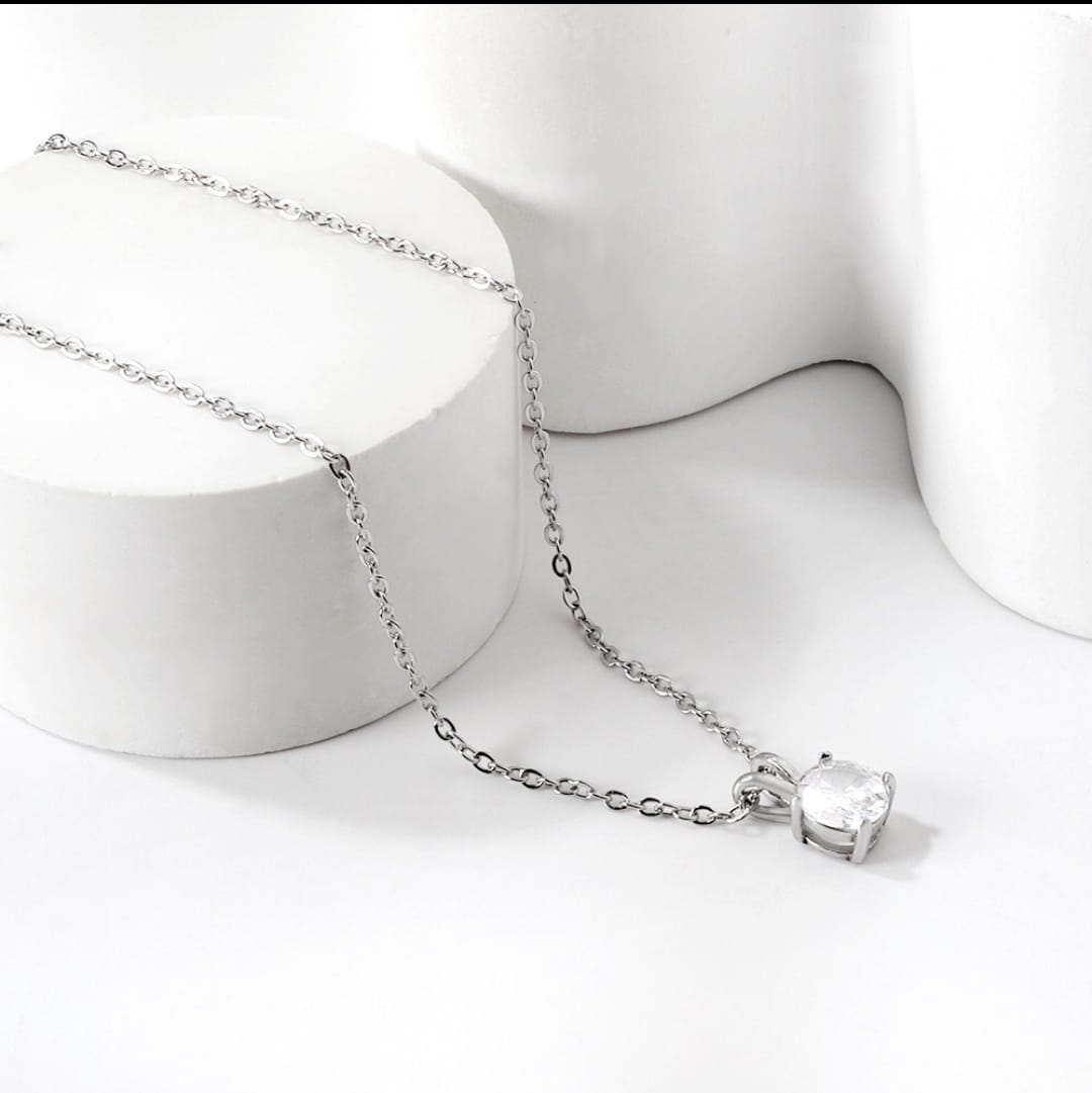 Necklace with crystal stone pendant.  waterproof necklace, silver necklace, stainless steel.