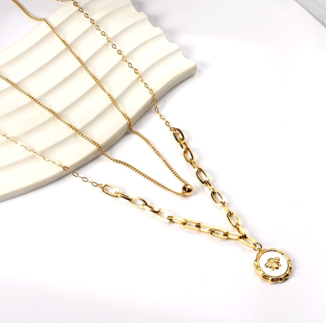 Double chain necklace with ball pendant in the inner chain and vintage like coin pendant on the outerchain. 18k gold, gift for her, Waterproof.