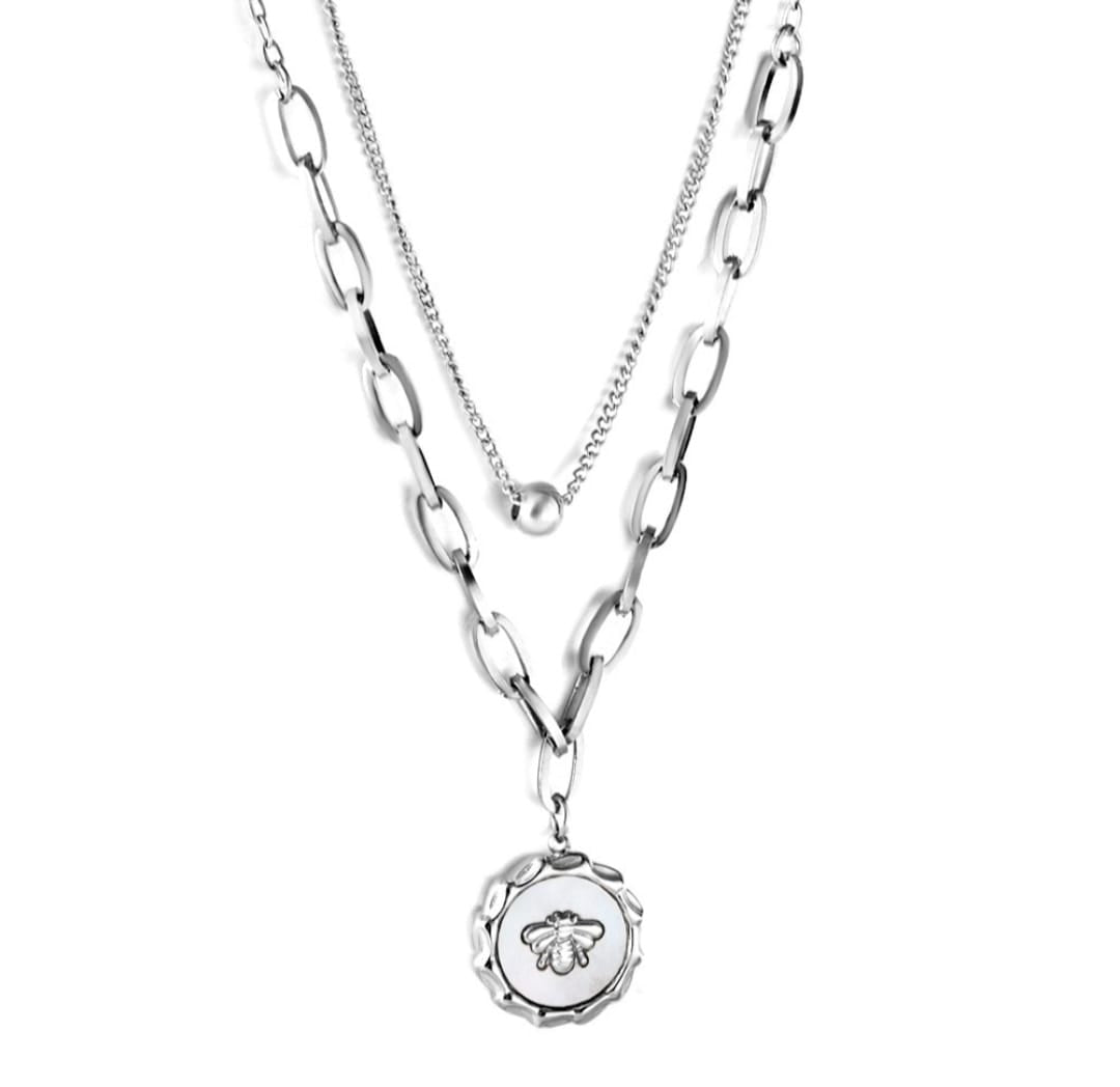 Double chain necklace with ball pendant in the inner chain and vintage like coin pendant on the outerchain. 18k gold, gift for her, Waterproof.