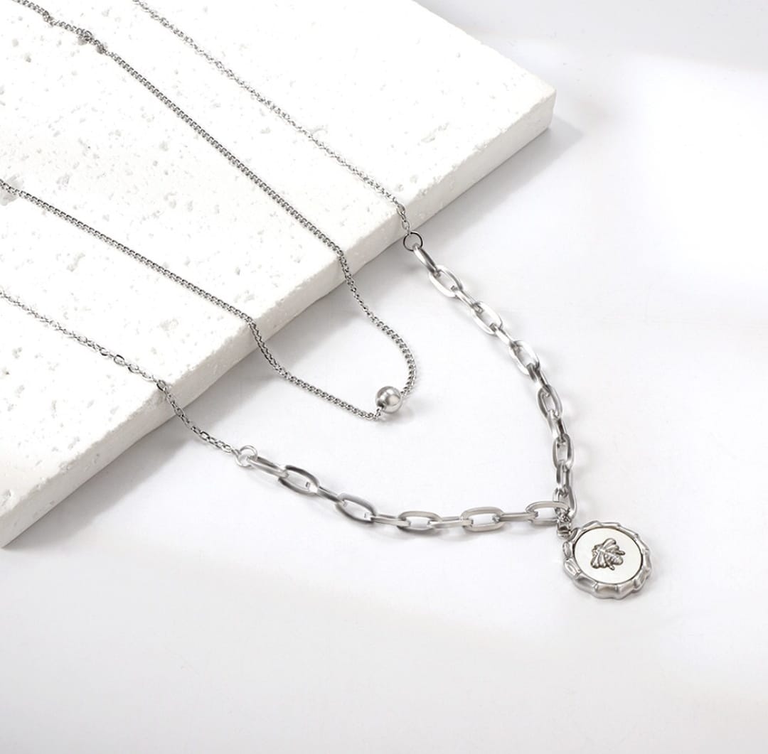 Double chain necklace with ball pendant in the inner chain and vintage like coin pendant on the outerchain. 18k gold, gift for her, Waterproof.