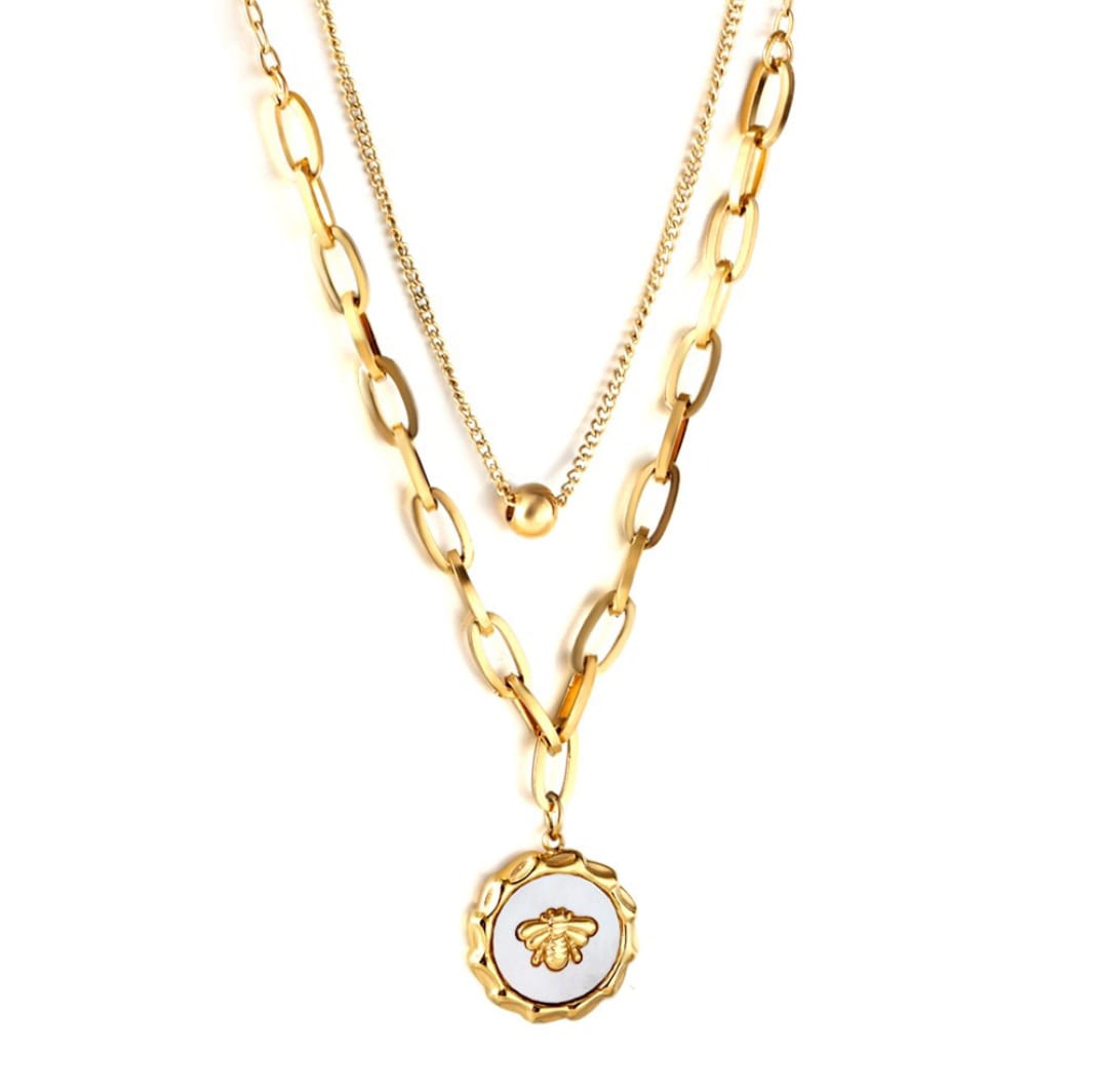 Double chain necklace with ball pendant in the inner chain and vintage like coin pendant on the outerchain. 18k gold, gift for her, Waterproof.