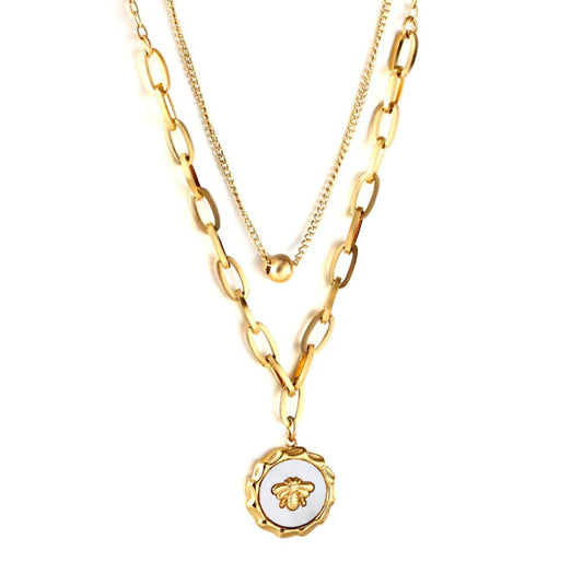Double chain necklace with ball pendant in the inner chain and vintage like coin pendant on the outerchain. 18k gold, gift for her, Waterproof.