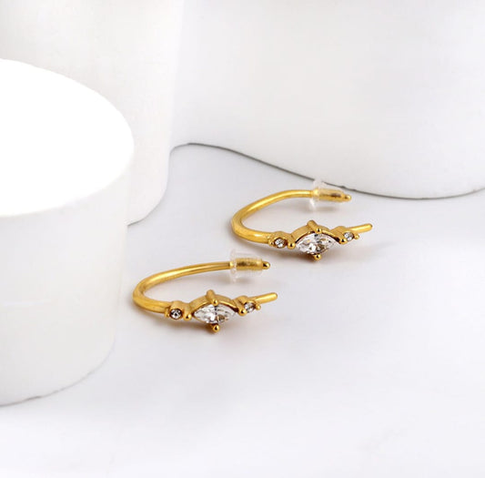 Curvy shaped earrings with stones. Waterproof earrings, hypoallergenic, Non-Tarnish Jewelry, Minimalist.