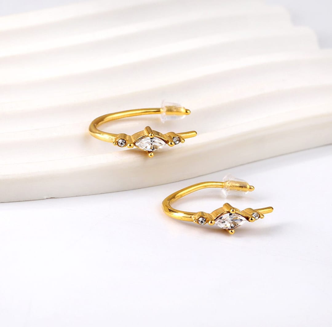 Curvy shaped earrings with stones. Waterproof earrings, hypoallergenic, Non-Tarnish Jewelry, Minimalist.