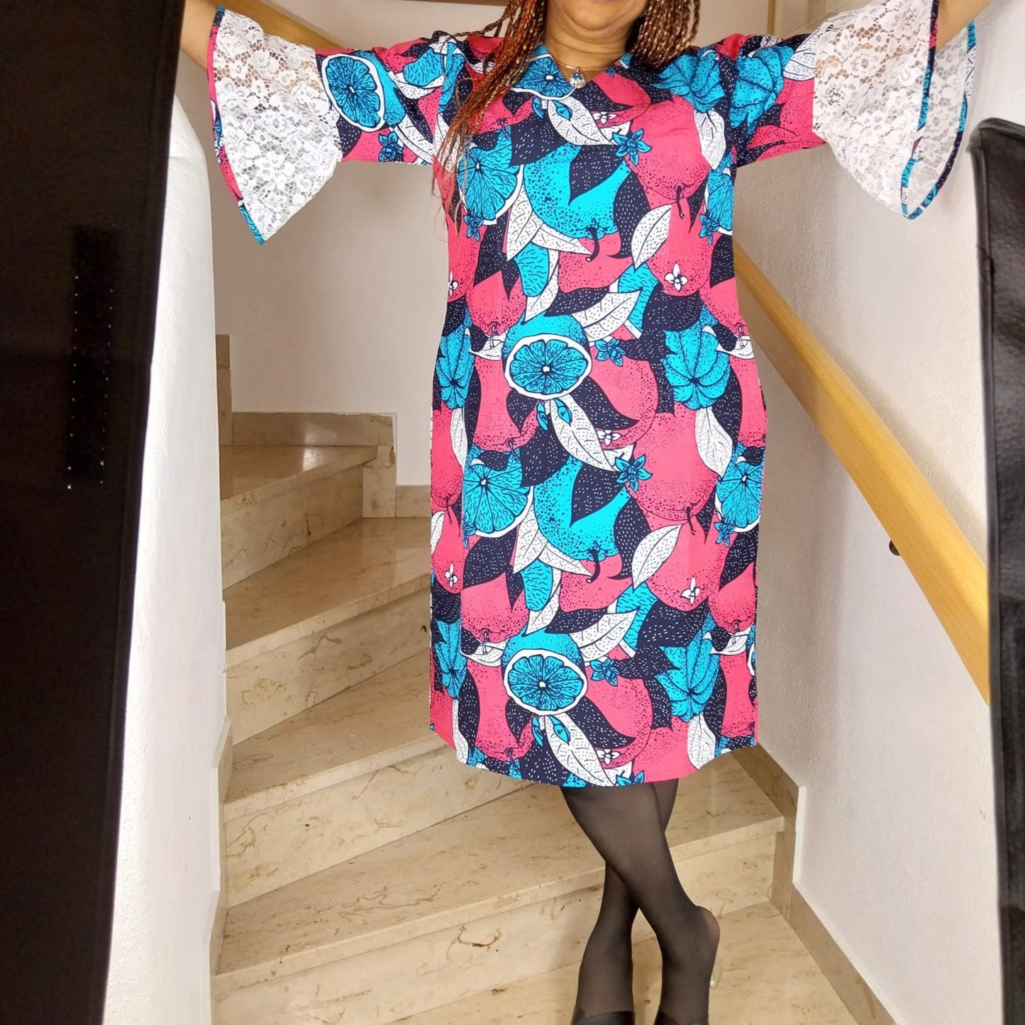Ankara print midi dress. below-the-knee dress. Cotton dress with lace sleeve design. Dress for women. Short dress.