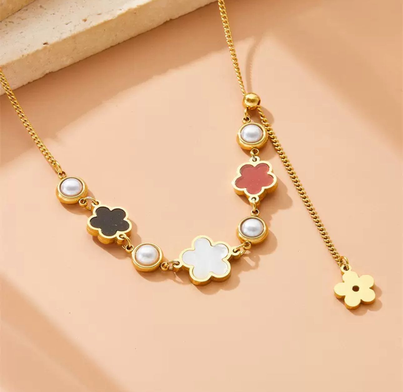 Black,white and red clover Necklace