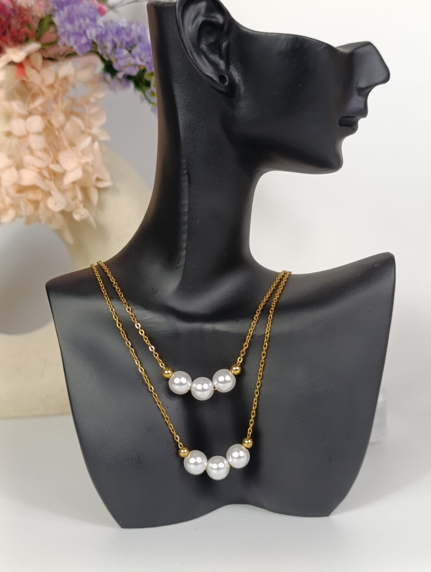 Double chain necklace with pearls pendeant on the inner and the outer chain. 18k gold, gift for her, Waterproof.