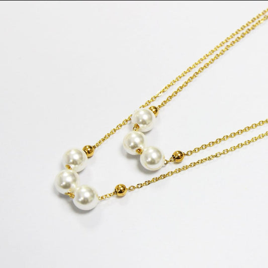 Double chain necklace with pearls pendeant on the inner and the outer chain. 18k gold, gift for her, Waterproof.