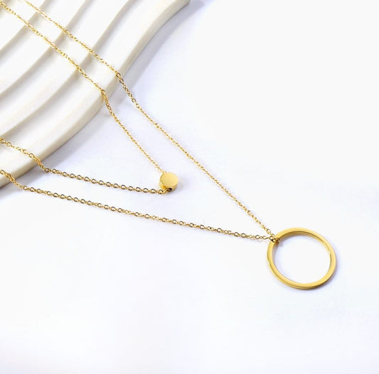 Double chain necklace with small circle pendant in the inner chain and big circle pendant on the outer chain. 18k gold, gift for her, Waterproof.