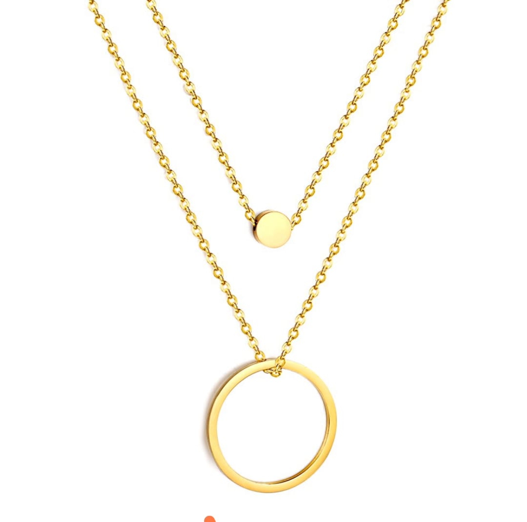 Double chain necklace with small circle pendant in the inner chain and big circle pendant on the outer chain. 18k gold, gift for her, Waterproof.