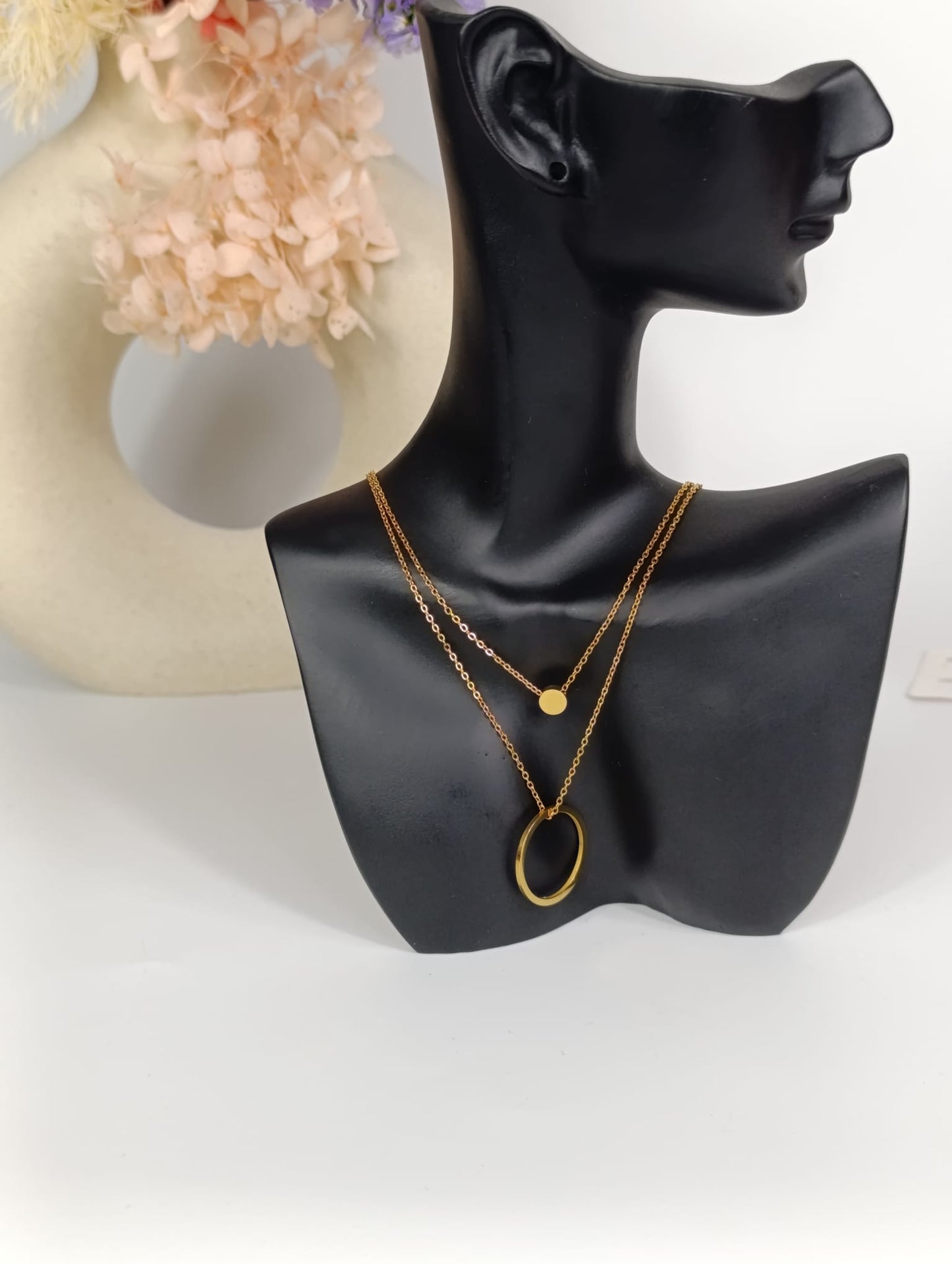 Double chain necklace with small circle pendant in the inner chain and big circle pendant on the outer chain. 18k gold, gift for her, Waterproof.