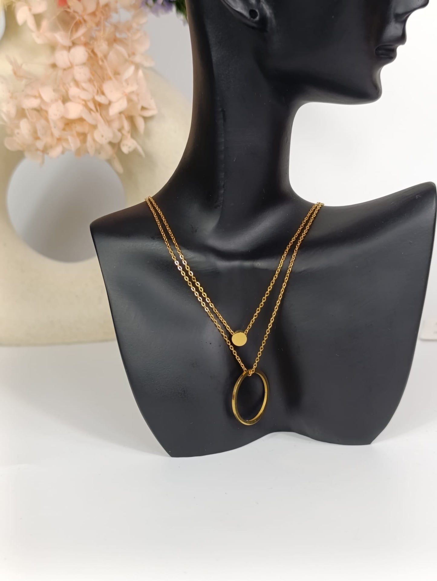 Double chain necklace with small circle pendant in the inner chain and big circle pendant on the outer chain. 18k gold, gift for her, Waterproof.