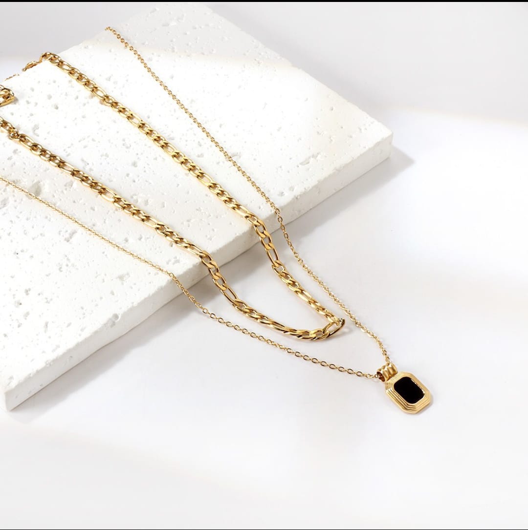 Double chain necklace with a big inner chain and a black square pendant on the outer chain. 18k gold, gift for her, Waterproof.