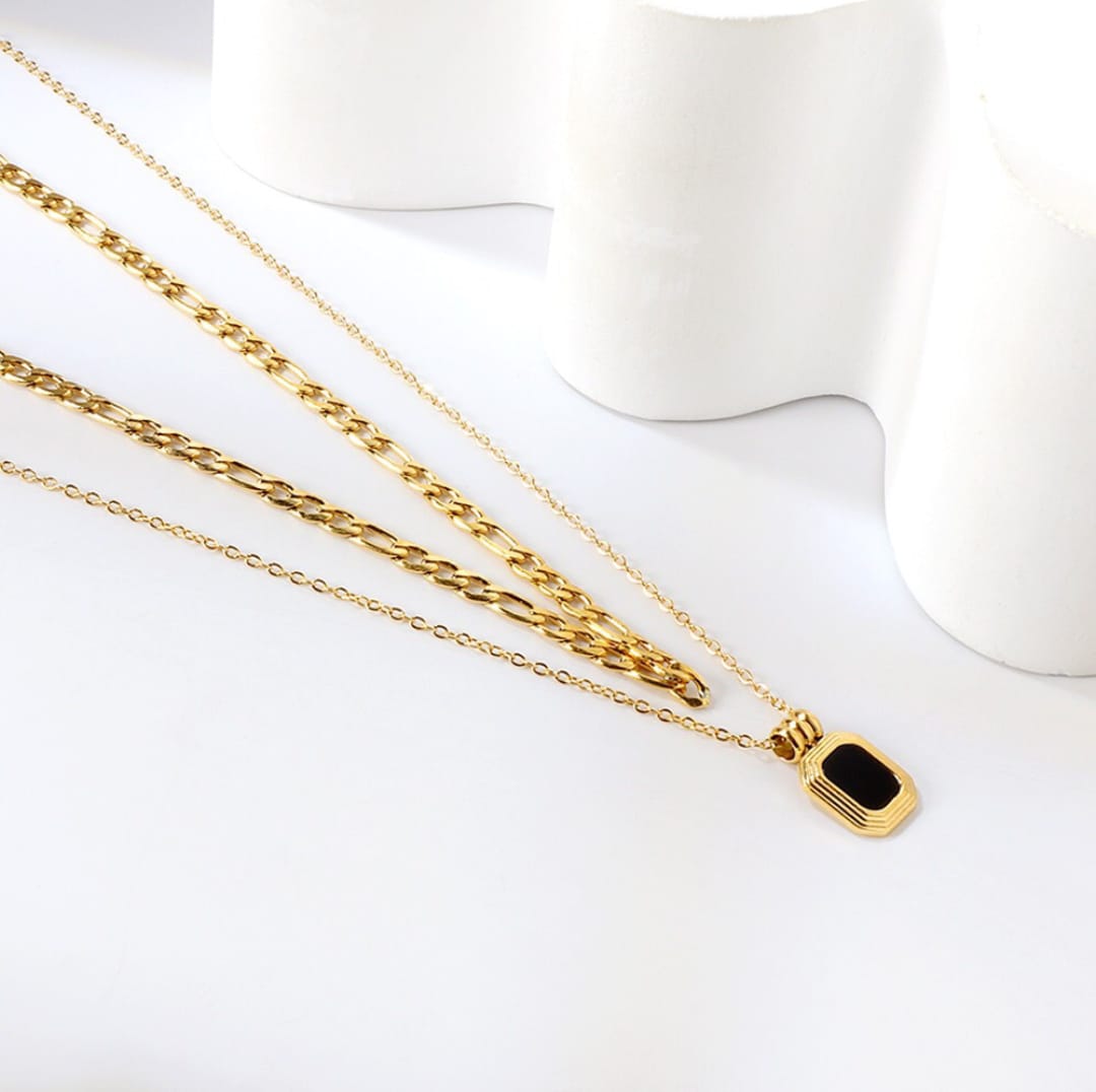 Double chain necklace with a big inner chain and a black square pendant on the outer chain. 18k gold, gift for her, Waterproof.