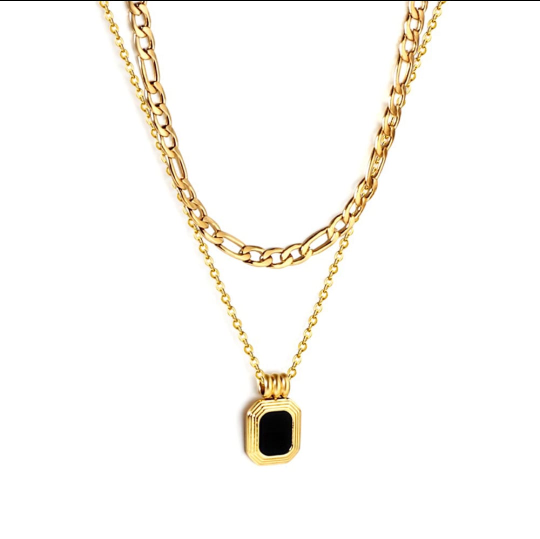 Double chain necklace with a big inner chain and a black square pendant on the outer chain. 18k gold, gift for her, Waterproof.