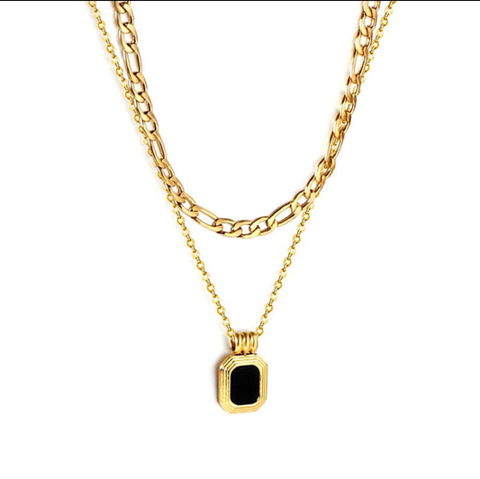Double chain necklace with a big inner chain and a black square pendant on the outer chain. 18k gold, gift for her, Waterproof.