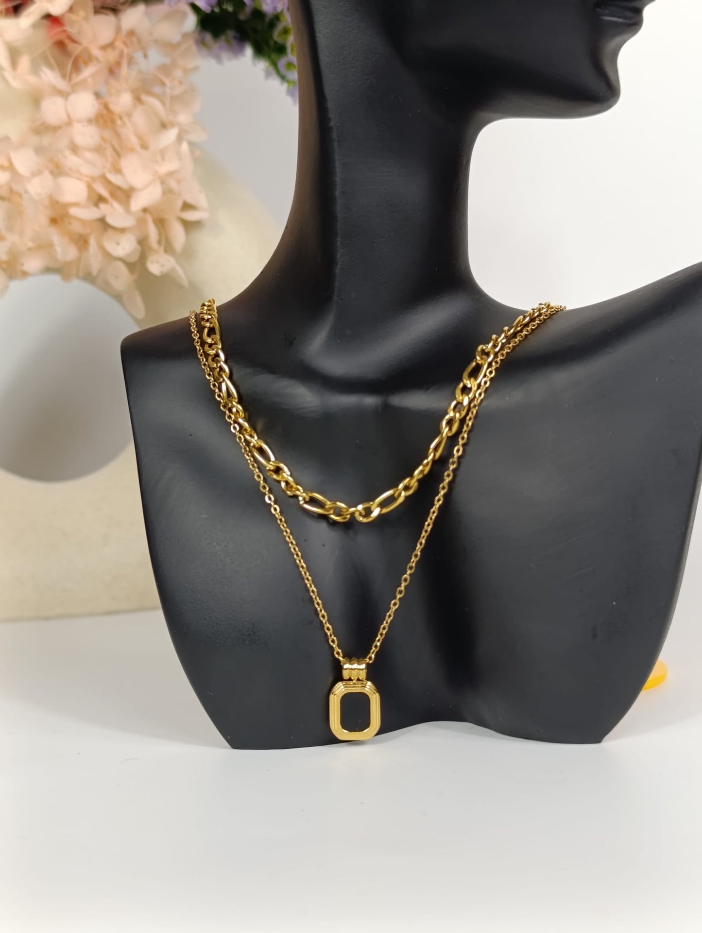 Double chain necklace with a big inner chain and a black square pendant on the outer chain. 18k gold, gift for her, Waterproof.