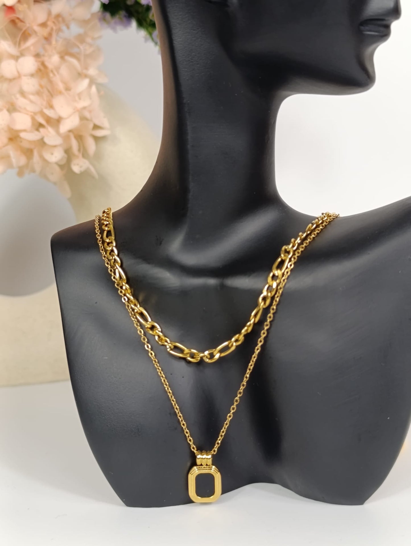 Double chain necklace with a big inner chain and a black square pendant on the outer chain. 18k gold, gift for her, Waterproof.