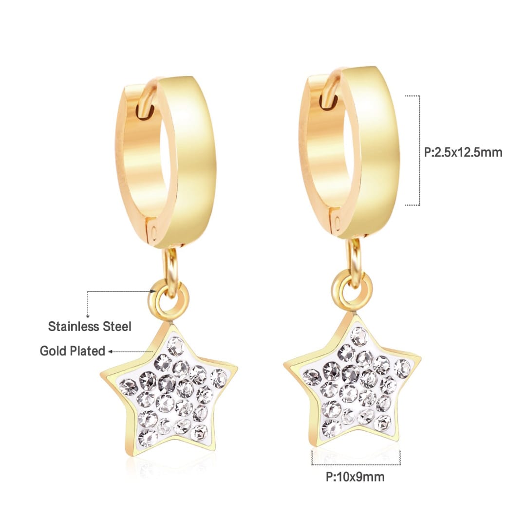 Earrings with star shape and zirconstones. Waterproof earrings, hypoallergenic, Non-Tarnish Jewelry, Minimalist.