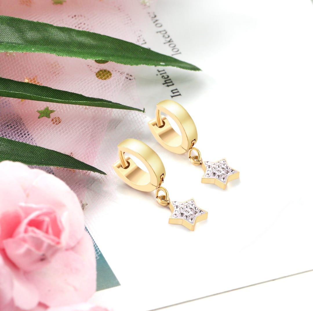 Earrings with star shape and zirconstones. Waterproof earrings, hypoallergenic, Non-Tarnish Jewelry, Minimalist.