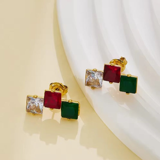 Stud with white, dark pink and dark green crystal gemstones. Fine Jewelry.