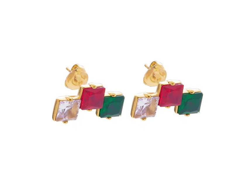 Stud with white, dark pink and dark green crystal gemstones. Fine Jewelry.