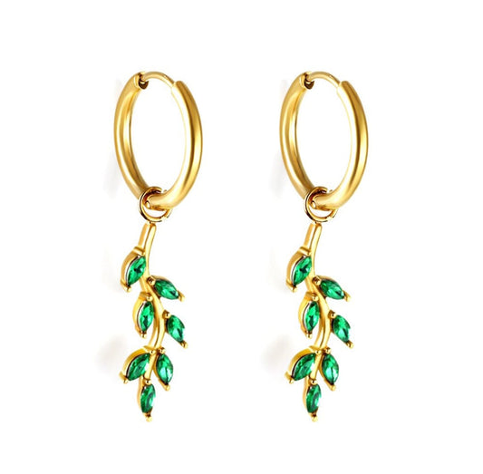 Dangle earrings with green leaves design. Waterproof earrings, hypoallergenic, Non-Tarnish Jewelry, Minimalist.