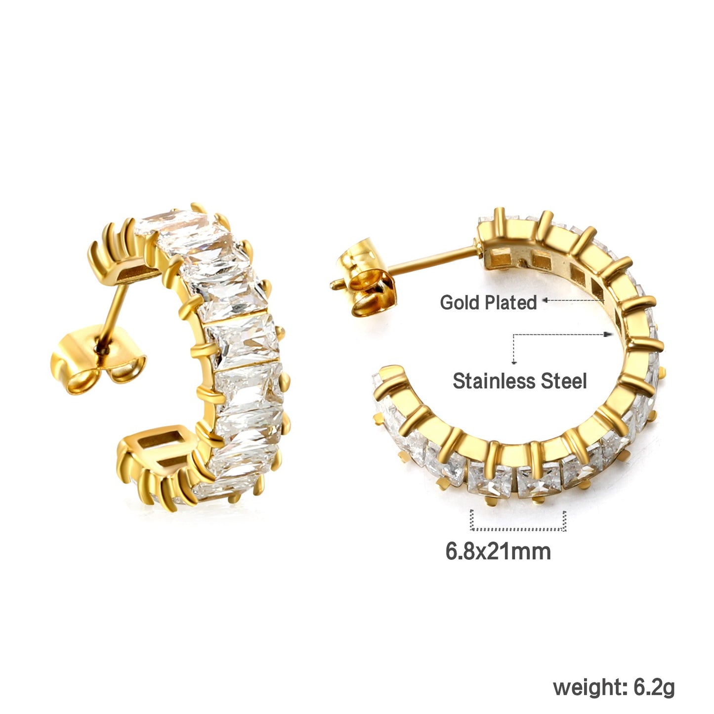 Half hoop earring with white crystal rhinestones
