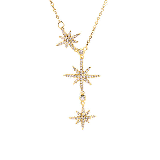 Necklace with elongated chain design and 3 stars pendant with stones