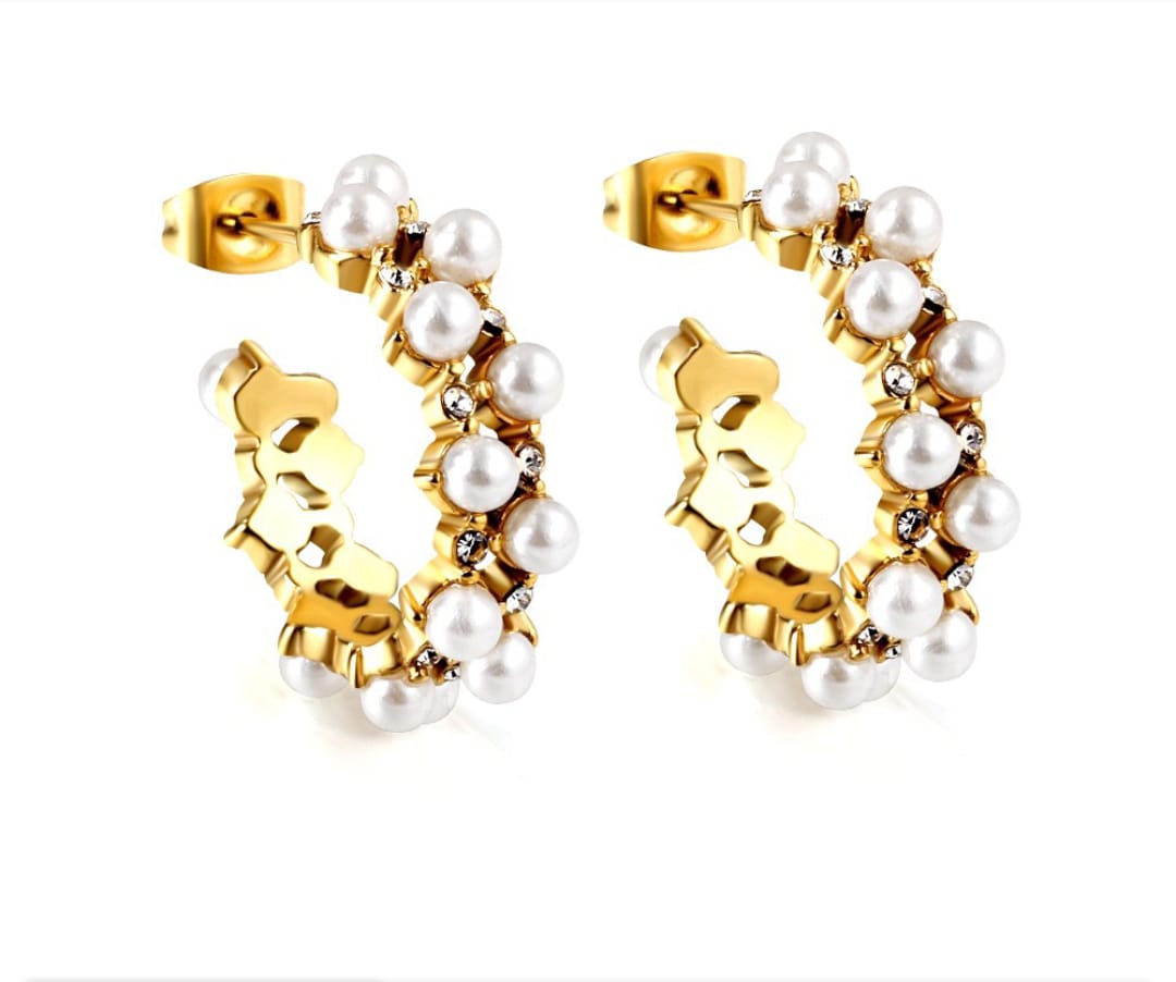 Waterproof, pearl half hoop Earrings , Gold Plated, Earrings, Hypoallergenic, Non-Tarnish, Jewelry, gifts for her, minimalist, Gifts