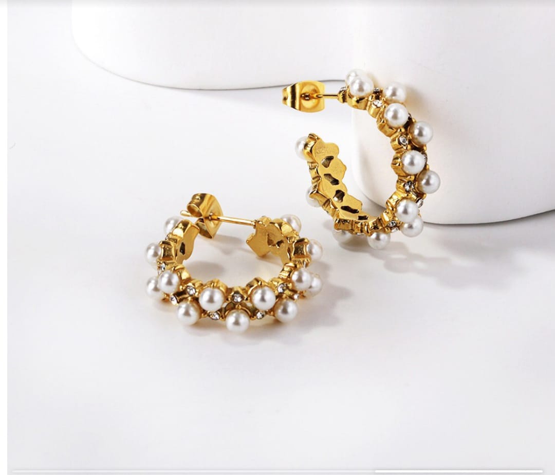 Waterproof, pearl half hoop Earrings , Gold Plated, Earrings, Hypoallergenic, Non-Tarnish, Jewelry, gifts for her, minimalist, Gifts