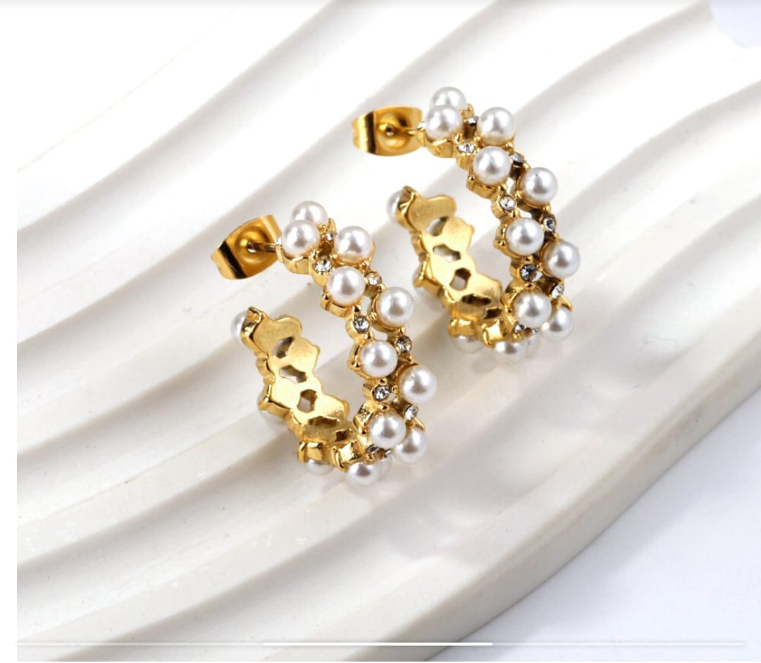 Waterproof, pearl half hoop Earrings , Gold Plated, Earrings, Hypoallergenic, Non-Tarnish, Jewelry, gifts for her, minimalist, Gifts