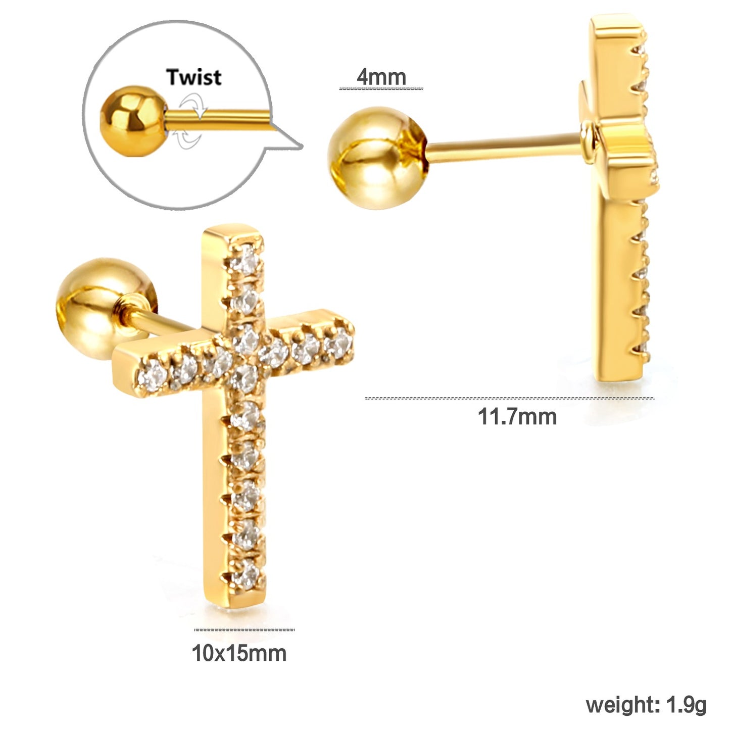 Cross screw studs with zircon stones