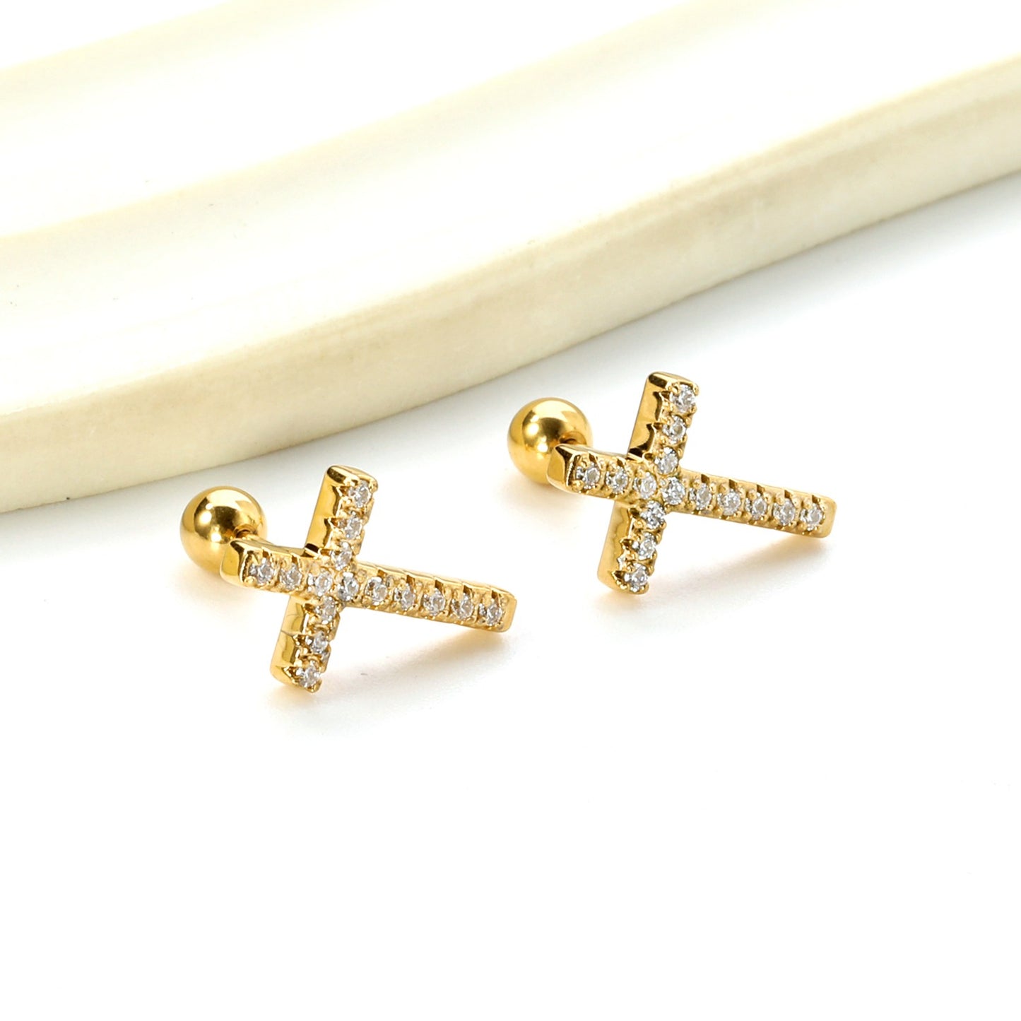 Cross screw studs with zircon stones