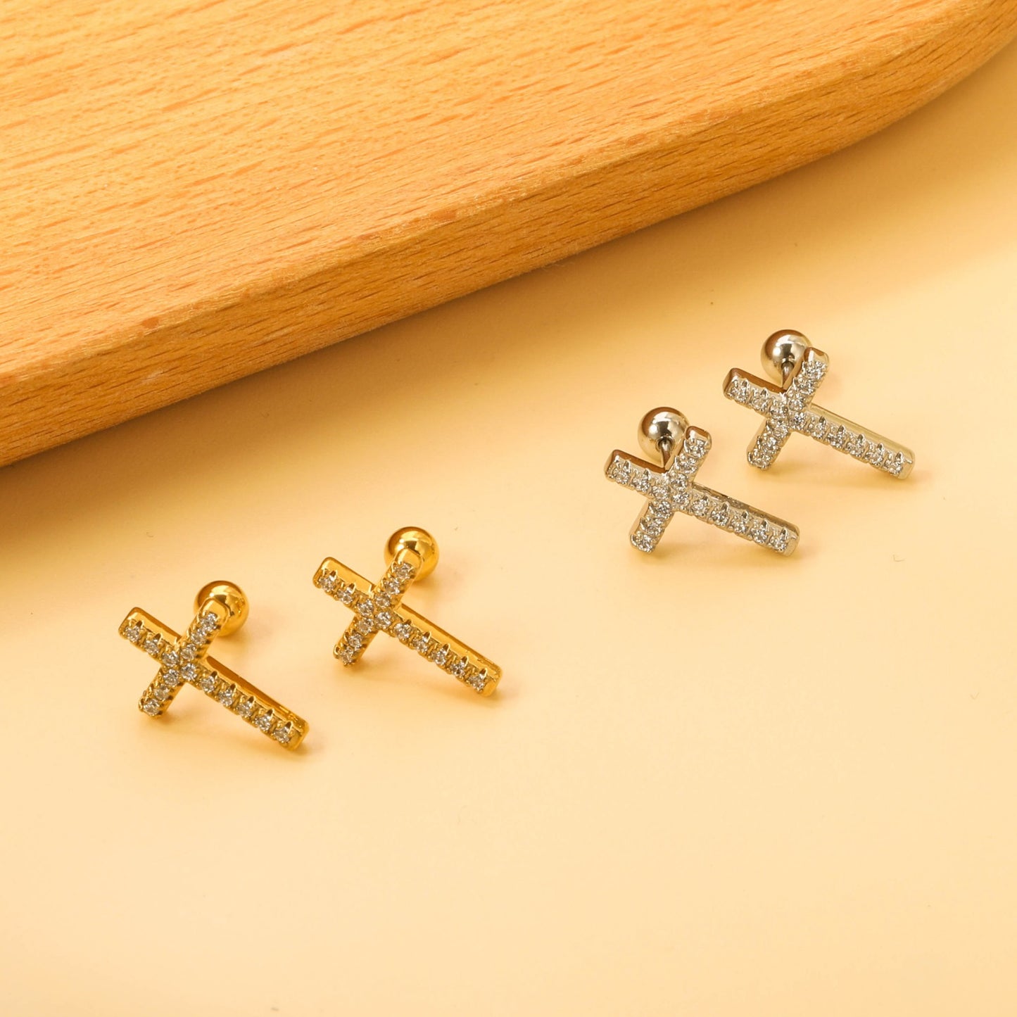 Cross screw studs with zircon stones