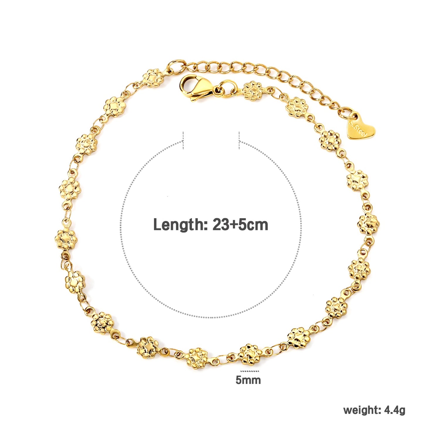 Single chain anklet with flower shape all around it