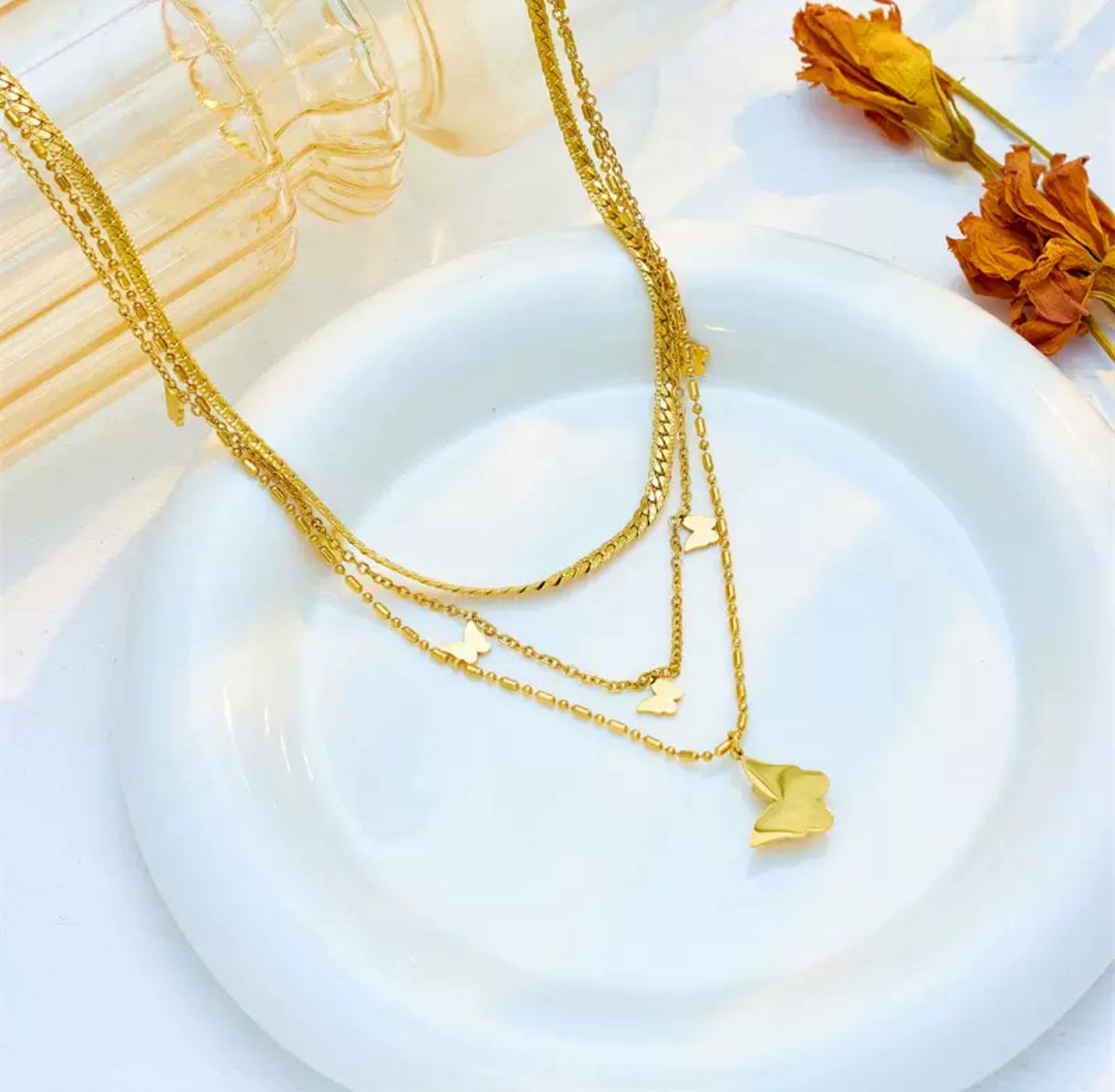 ELA TRIPLE CHAIN BUTTERFLY NECKLACE