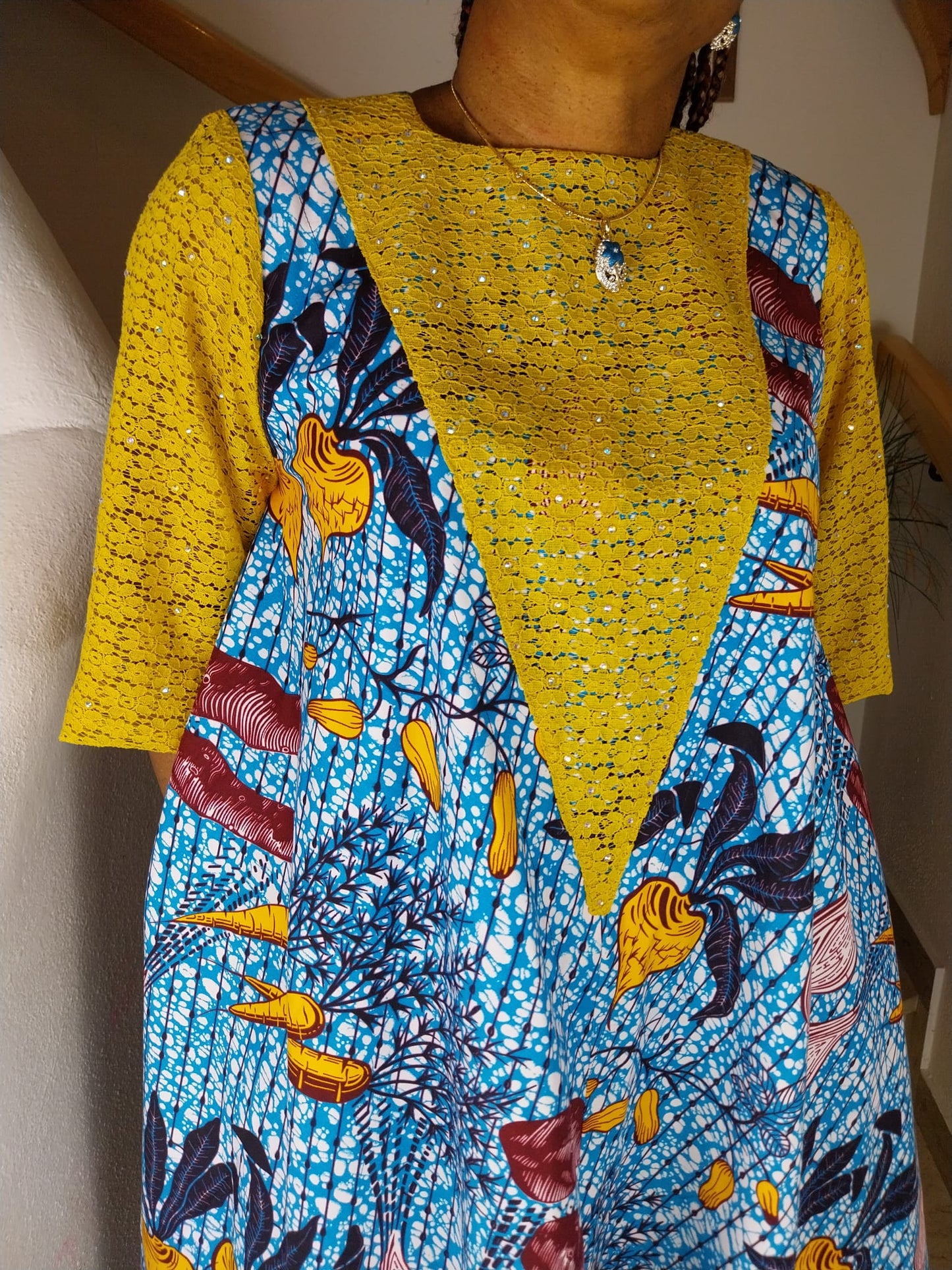Ankara flare midi dress. knee-length dress. Mustard yellow lace design dress. dress for women. Short flare dress.