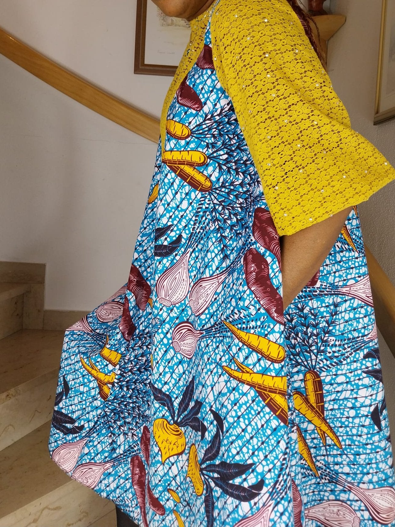 Ankara flare midi dress. knee-length dress. Mustard yellow lace design dress. dress for women. Short flare dress.