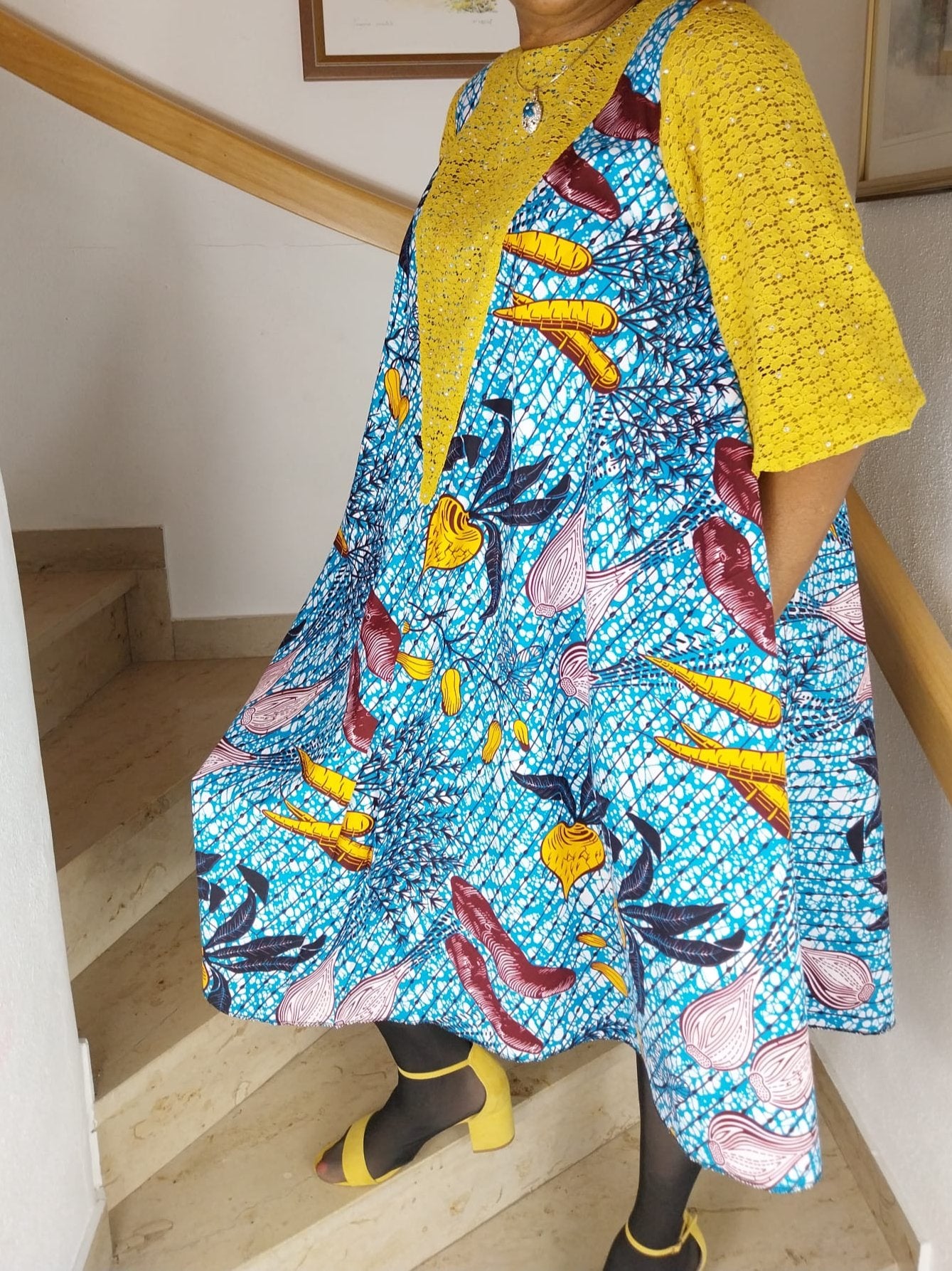 Ankara flare midi dress. knee-length dress. Mustard yellow lace design dress. dress for women. Short flare dress.
