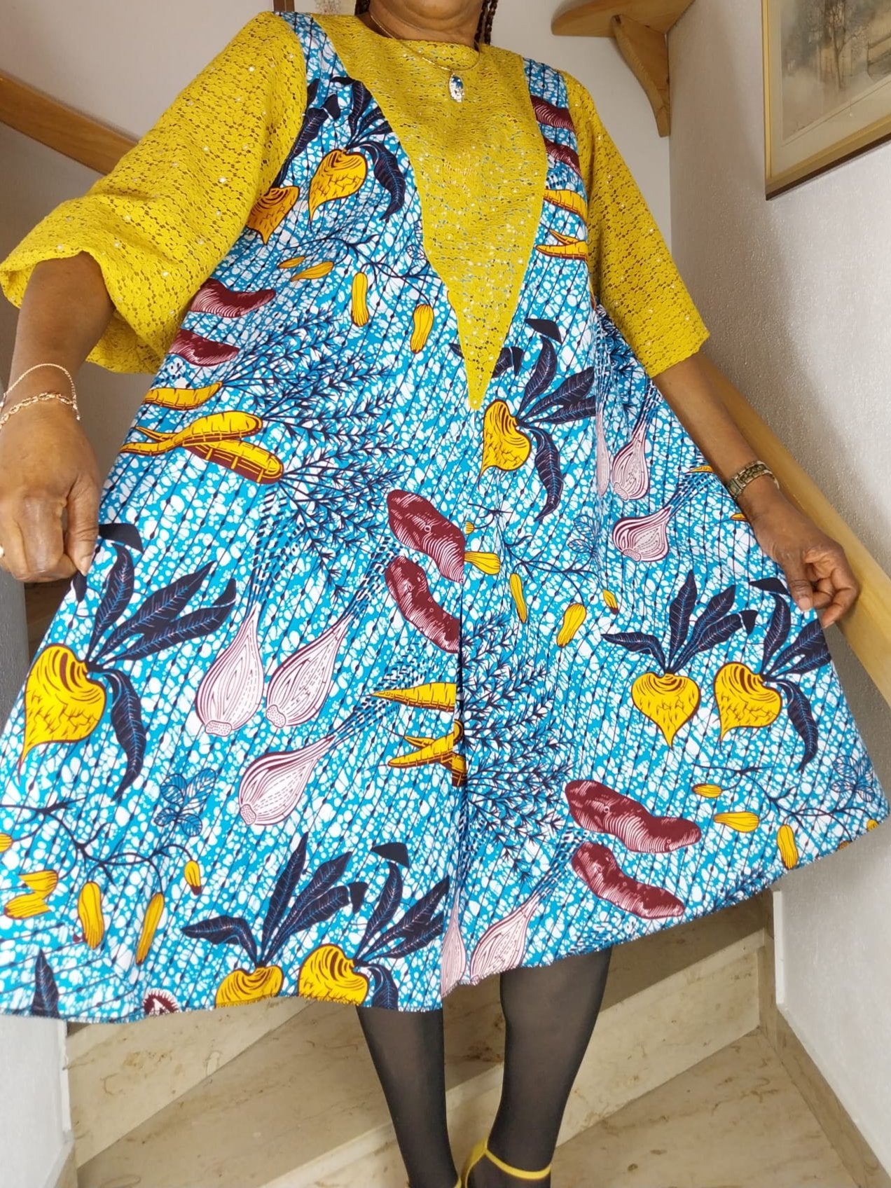 Ankara flare midi dress. knee-length dress. Mustard yellow lace design dress. dress for women. Short flare dress.